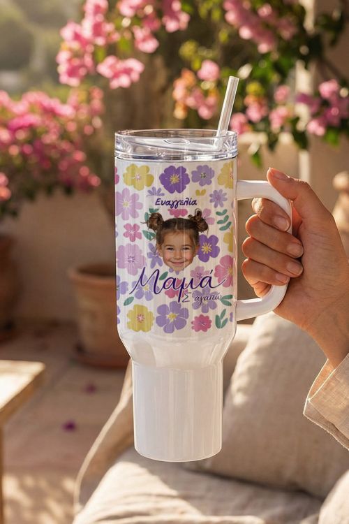 Tumbler Ποτήρι Θερμός με Φωτογραφία & Λουλούδια για Μαμά