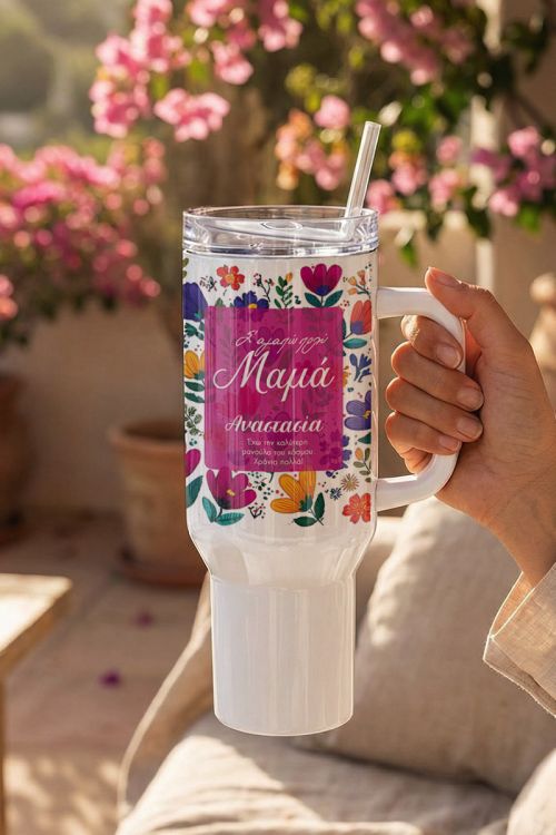 Θερμός Ποτήρι Tumbler Μεγάλο με Σχέδιο Λουλούδια για Μαμά