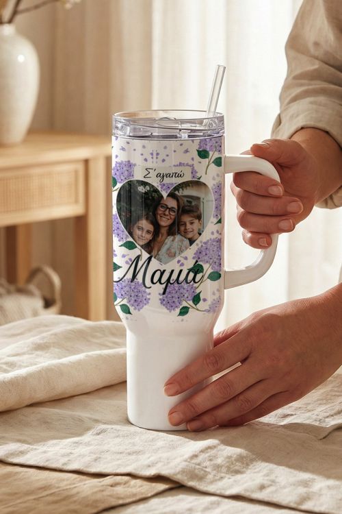 Μεγάλο Tumbler Θερμός Ταξιδιού με Φωτογραφία Καρδιά για Μαμά