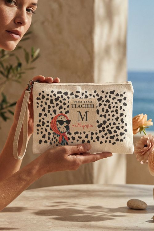 Τσαντάκι & Νεσεσέρ Εκρού Animal Print, Δώρο για Δασκάλα