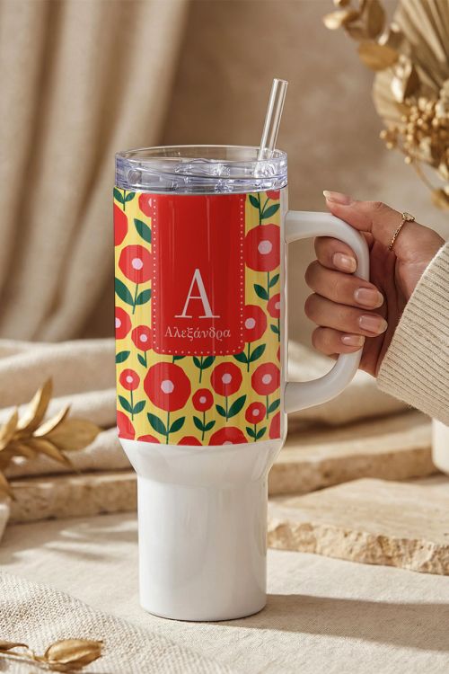 Tumbler Θερμός Premium με Λουλούδια, Μονόγραμμα & Όνομα
