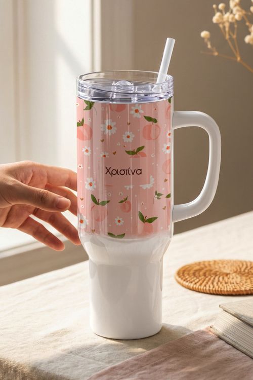 Tumbler Ποτήρι Θερμός με Καλαμάκι & Σχέδιο Ροδάκινα