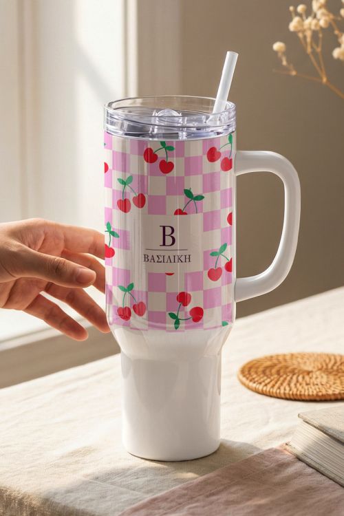 Θερμός Tumbler – Μεγάλο Ποτήρι με Λαβή με Σχέδιο Κεράσια