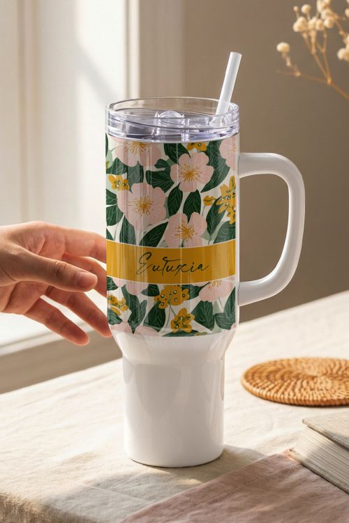 Θερμός Tumbler Μεγάλο με Λαβή & Σχέδιο Botanical Λουλούδια