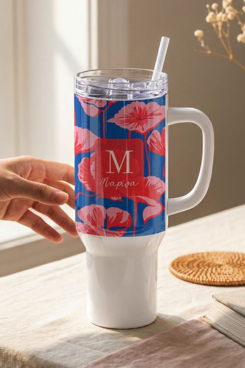 Θερμός Tumbler Ταξιδιού με Λαβή Προσωποποιημένο με Λουλούδια