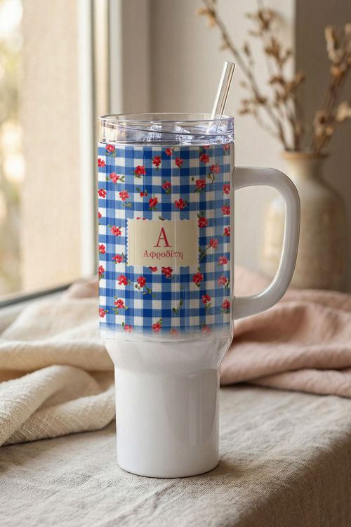 Θερμός Tumbler με Καλαμάκι και Λαβή & Σχέδιο Λουλούδια