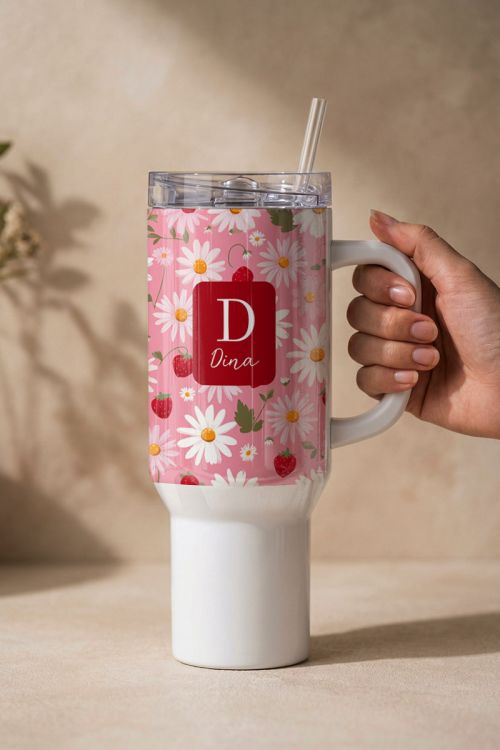 Ποτήρι Θερμός Tumbler Μεγάλο με Φράουλες & Μαργαρίτες