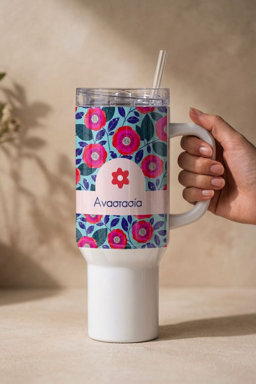 Θερμός Tumbler Μεγάλος με Λαβή, Σχέδιο Botanical Λουλούδια