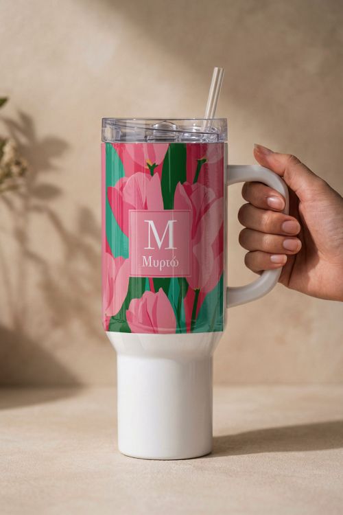 Θερμός Tumbler Ταξιδιού με Καλαμάκι & Σχέδιο Τουλίπες