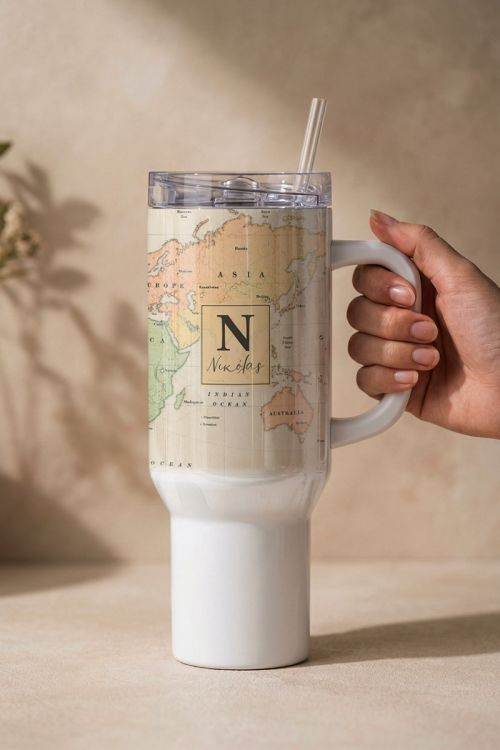 Θερμός Tumbler με Καλαμάκι & Σχέδιο Χάρτη