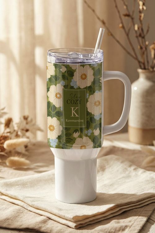 Tumbler Θερμός Travel με Όνομα & Φλοράλ Σχέδιο Stay Cozy