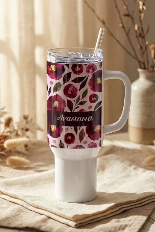 Προσωποποιημένο Θερμός Tumbler Καφέ με Όνομα & Άνθη
