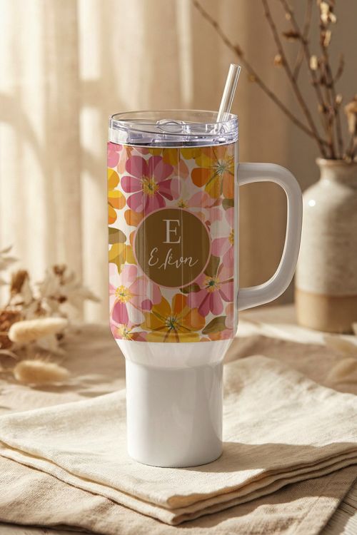 Θερμός Tumbler Premium με Λαβή και Σχέδιο Αesthetic Floral