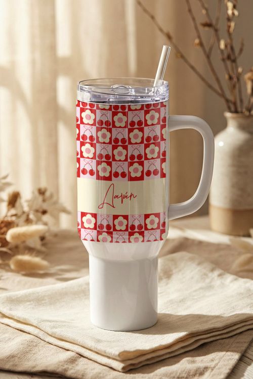 Μεγάλο Ποτήρι Θερμός Tumbler με Όνομα και Σχέδιο Κεράσια