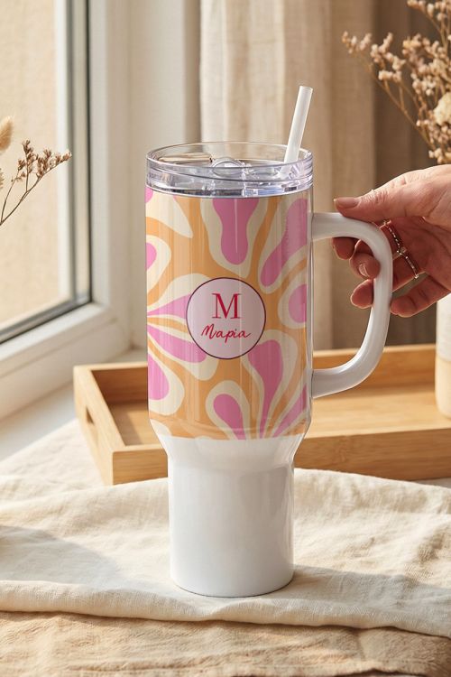 Premium Floral Tumbler Θερμός Ποτήρι με Όνομα & Μονόγραμμα