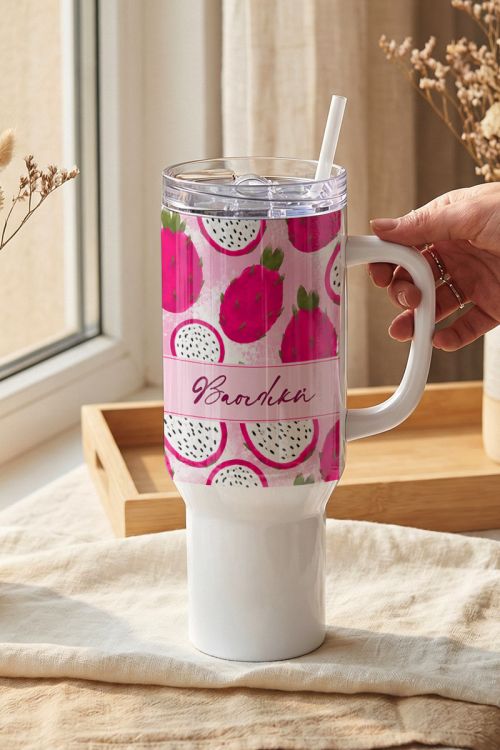 Handled Tumbler Θερμός με Καλαμάκι & Σχέδιο Dragon Fruit