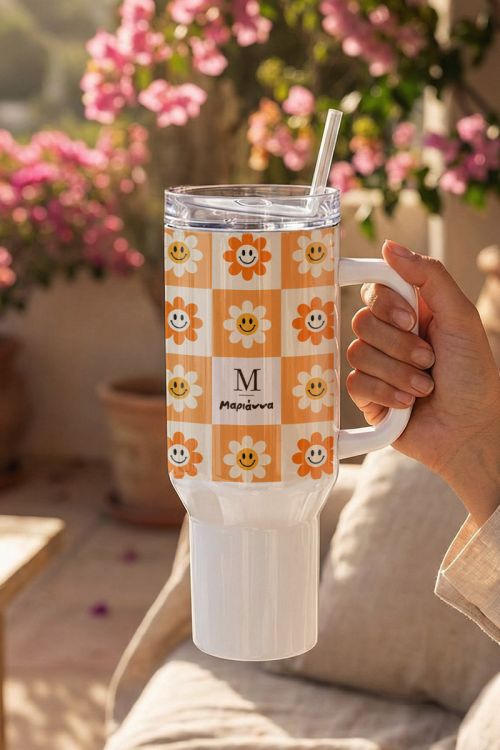 Premium Θερμός Tumbler με Καλαμάκι & Σχέδιο Μαργαρίτες