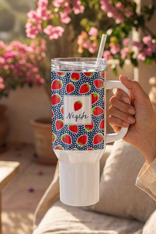 Θερμός Tumbler Premium με Λαβή & Σχέδιο Φράουλες