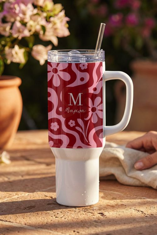 Θερμός Tumbler Προσωποποιημένο με Λαβή & Φλοράλ Σχέδιο