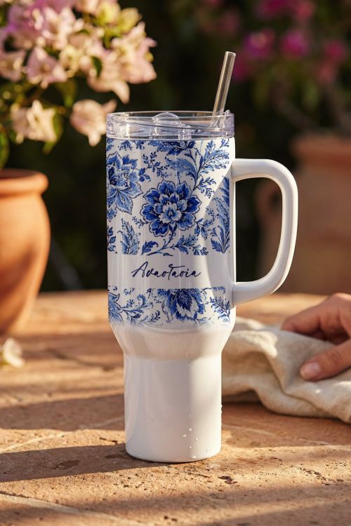 Θερμός Ποτήρι Tumbler Μεγάλο με Σχέδιο Μπλε Λουλούδια