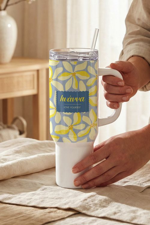 High-Quality Tumbler Θερμός με Καλαμάκι & Floral Σχέδιο