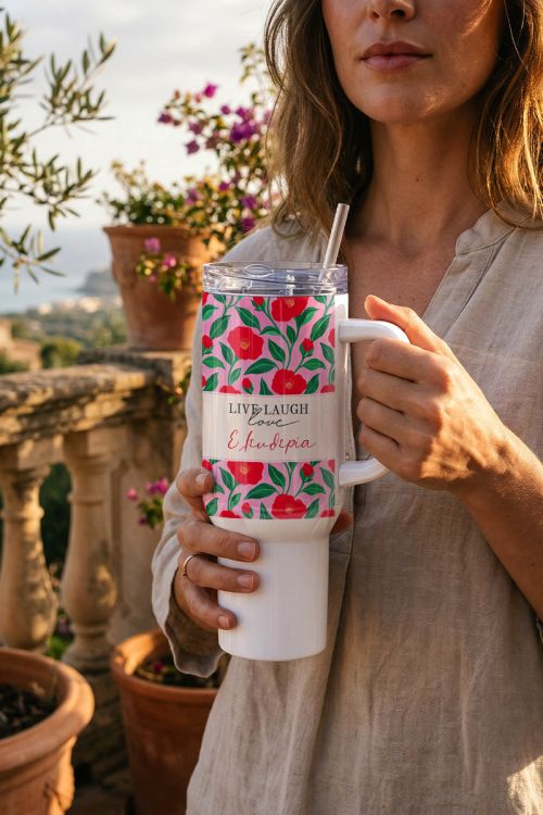 Θερμός Tumbler Ταξιδιού με Καλαμάκι & Σχέδιο Παπαρούνες