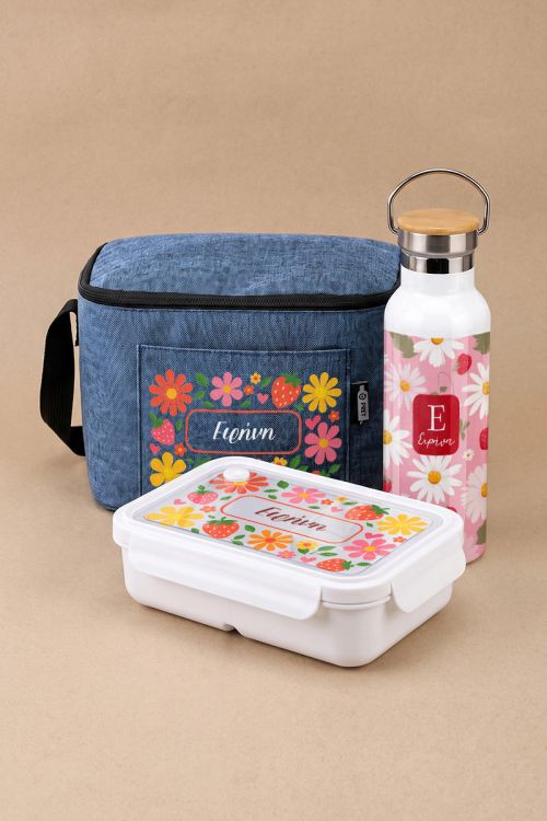Σετ 3 Δώρα για Παιδί, Θερμός, Lunch Bag & Δοχείο Φαγητού με Λουλούδια