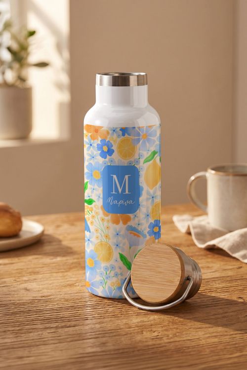 Μπουκάλι Θερμός Προσωποποιημένο με Όνομα & Floral Σχέδιο