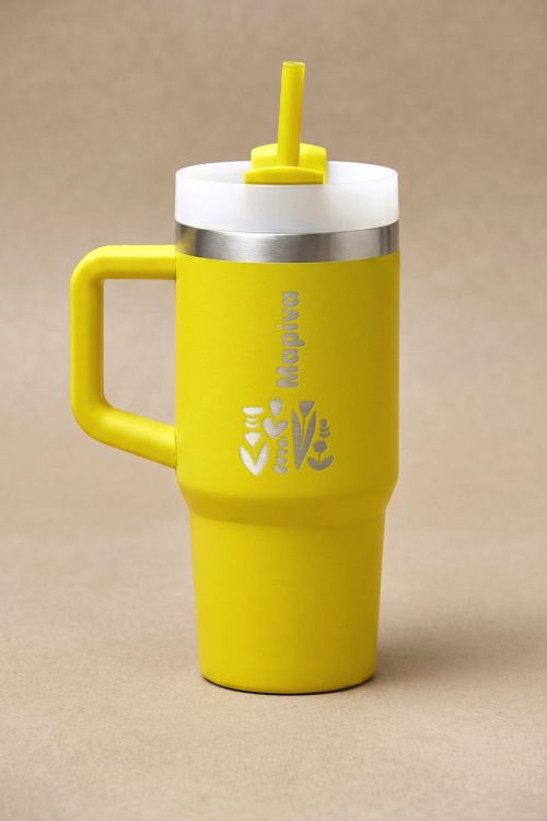 Daily Κίτρινο Ποτήρι 400ml με Καλαμάκι, Σχέδιο Λουλούδια & Όνομα