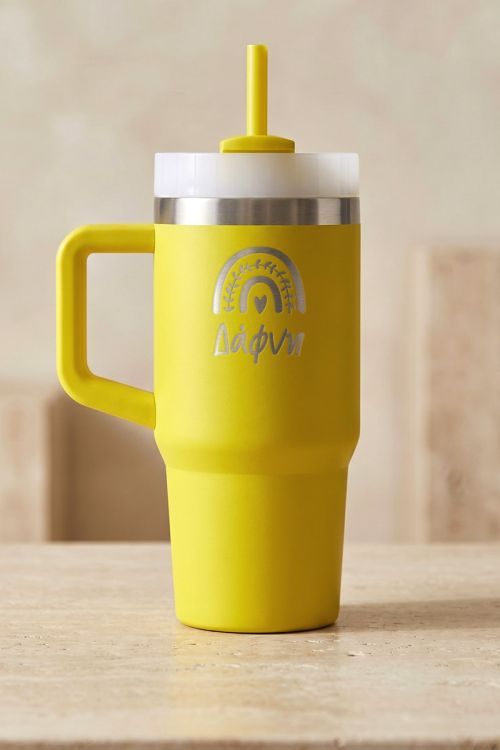 Personalized Tumbler Κίτρινο με Χερούλι, Καλαμάκι & Όνομα