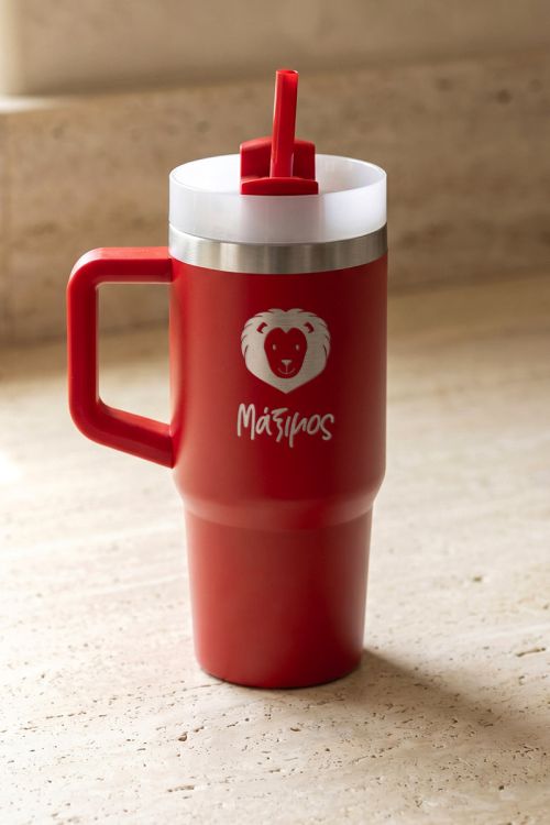 Θερμική Κούπα Tumbler Κόκκινο με Όνομα & Λιοντάρι για Αγόρι