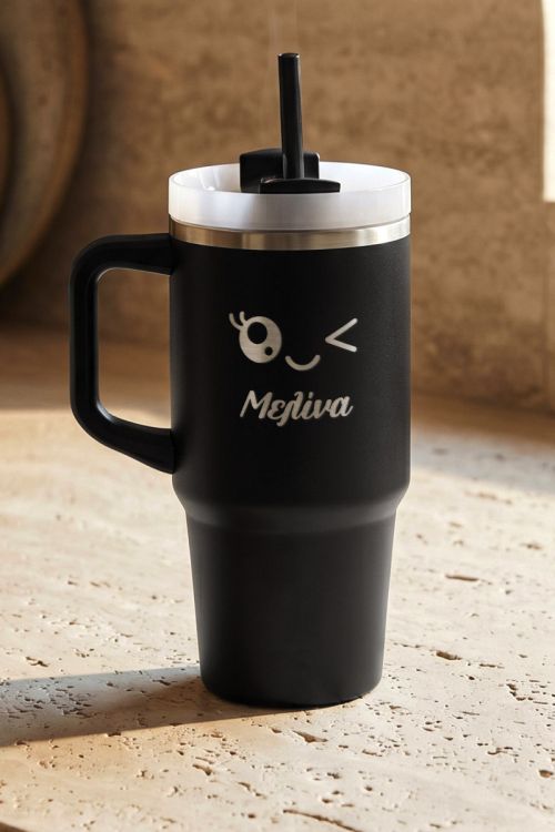 Θερμική Κούπα Tumbler, Μαύρη με Όνομα & Πουλάκι