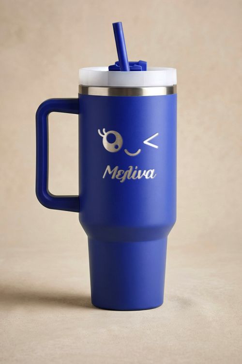 Θερμική Κούπα Tumbler, Μπλε με Όνομα & Πουλάκι