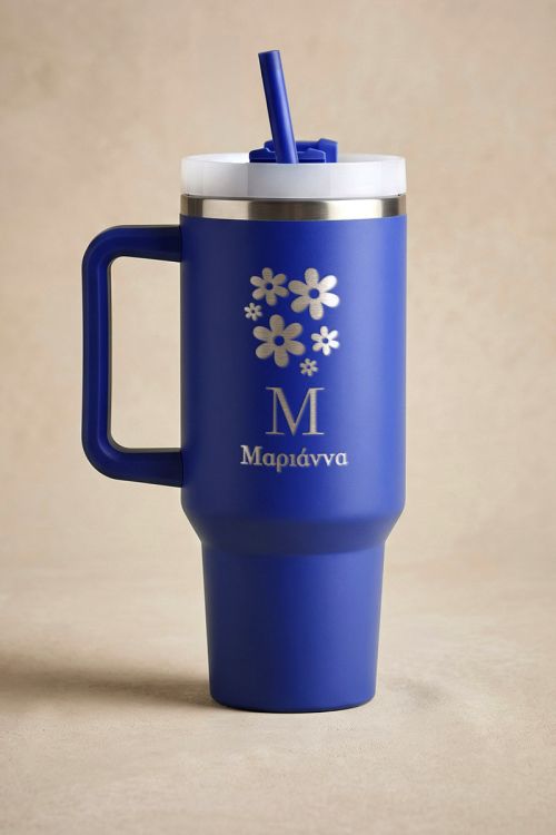Θερμική Κούπα Tumbler, Μπλε με Μονόγραμμα & Λουλούδια