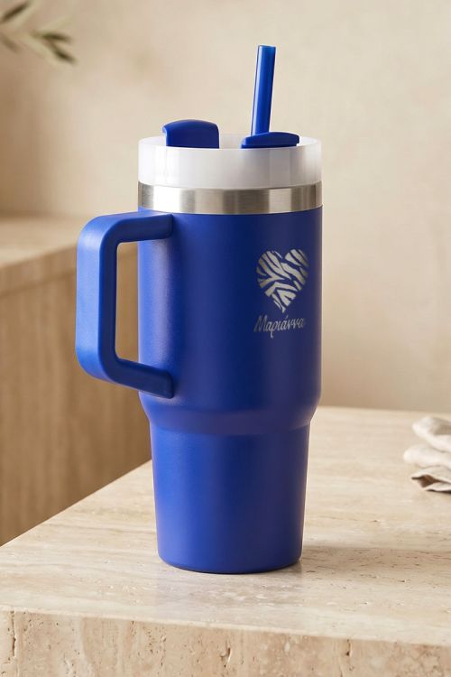 Tumbler Θερμός με Χερούλι & Καλαμάκι, Μπλε με Όνομα & Καρδιά