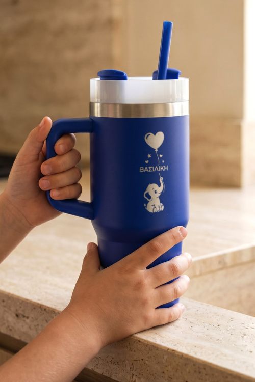 Προσωποποιημένο Μπλε Tumbler με Χερούλι & Σχέδιο Elephant