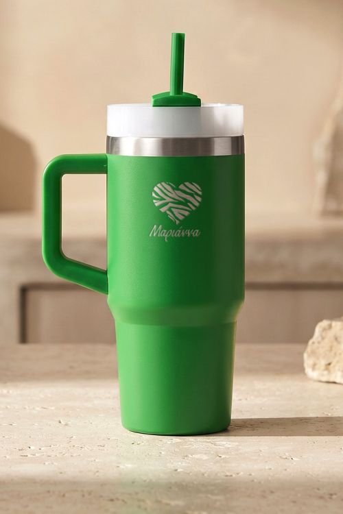 Tumbler Θερμός με Χερούλι & Καλαμάκι, Πράσινο με Όνομα & Καρδιά