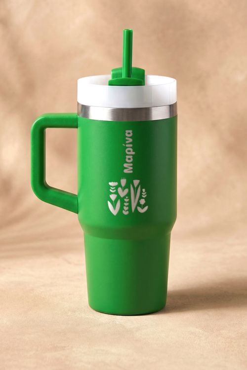 Daily Πράσινο Ποτήρι 400ml με Καλαμάκι, Σχέδιο Λουλούδια & Όνομα