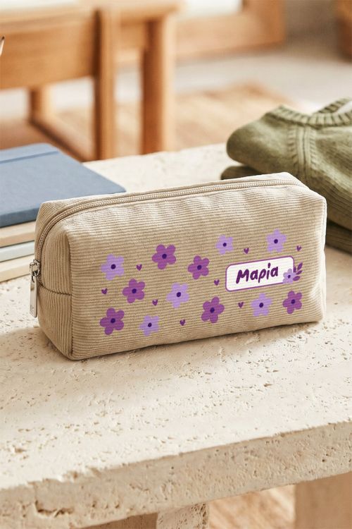Σχολική Κασετίνα Προσωποποιημένη για Κορίτσι Εκρού με Λουλούδι