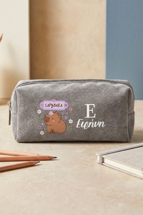 Κασετίνα Γκρι με Όνομα & Capybara – Ιδανική για Σχολείο