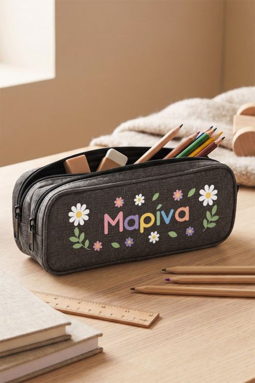Σχολική Κασετίνα για Μαθήτρια Γκρι με Όνομα & Λουλούδια