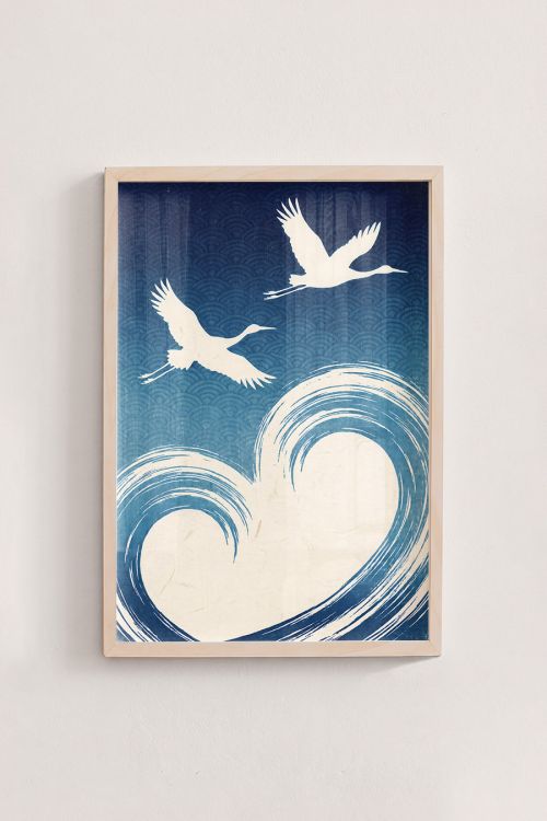 Premium Poster, Cranes Over Indigo Waves