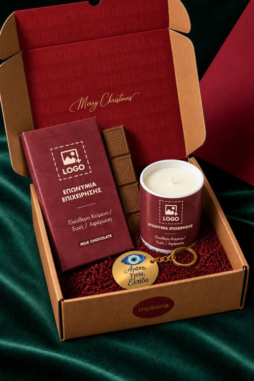 Χριστουγεννιάτικο Gift Box για Πελάτες με Σοκολάτα, Κερί & Γούρι Μπρελόκ