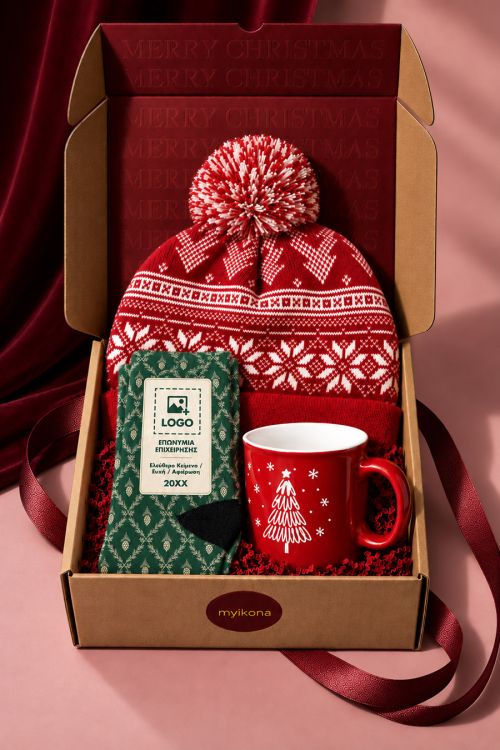 Gift Box Χριστουγεννιάτικο για Πελάτες με Κάλτσες, Κούπα & Σκουφάκι