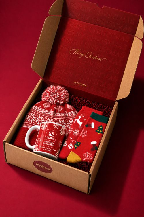 Gift Box για Πελάτες: Εταιρικό Σετ με Κούπα, Σκουφάκι & 2 Ζευγάρια Κάλτσες