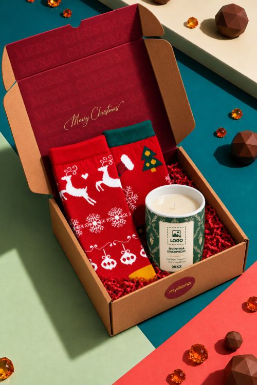 Χριστουγεννιάτικο Εταιρικό Gift Box με Κερί & 2 Ζευγάρια Κάλτσες